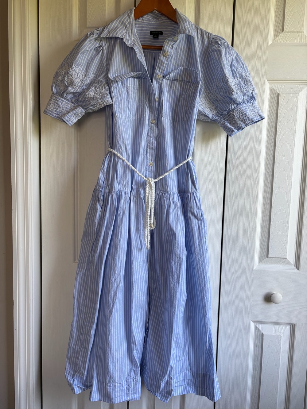 ANN TAYLOR Light Blue Striped Puff-Sleeve Shirt Dress